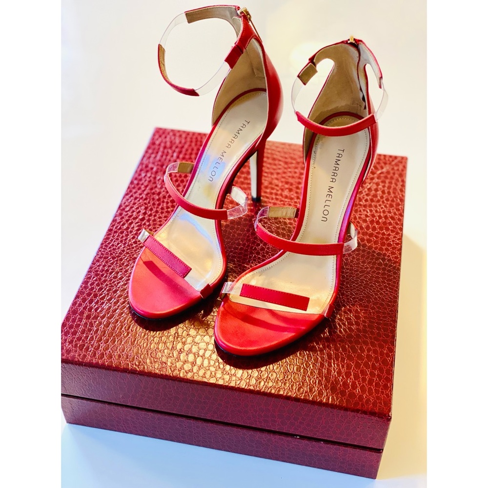 NEW Tamara Mellon Frontline 105 Strappy Stiletto Sandal, Nappa Red, Size 39.5